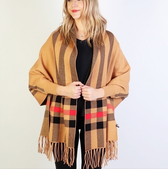 TRÏBE Barclay Camel Check Plaid Print Shrug Shawl Sweater With Sleeves NWT - Picture 1 of 8